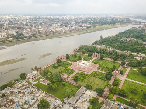 Aerial view of Itimad-ud-Daula with the Yamuna river, Moti Bagh, Agra, Uttar Pradesh, India