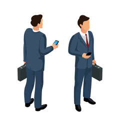 Isometric illustration elements. Businessman with briefcase and smartphone on white background