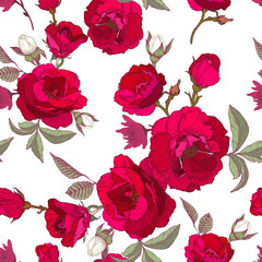 Vector floral seamless pattern with red roses and chrysanthemums