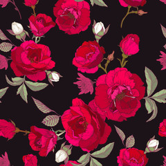 Vector floral seamless pattern with red roses and chrysanthemums - 320872523