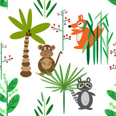 Cartoon brown monkey, lemur, orange fox, plant, palm, for baby seamless pattern, fabric, children's wallpaper and holidays, paper, postcard, white background