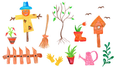Watercolor set garden tools, scarecrow, watering can, birdhouse, plants, fence. Spring  illustration on white background