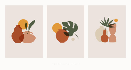 Set of compositions with exotic palm leaves and abstract vases. Trendy collage for design in an ecological style. Minimalist shapes in pastel colors on a light isolated background.