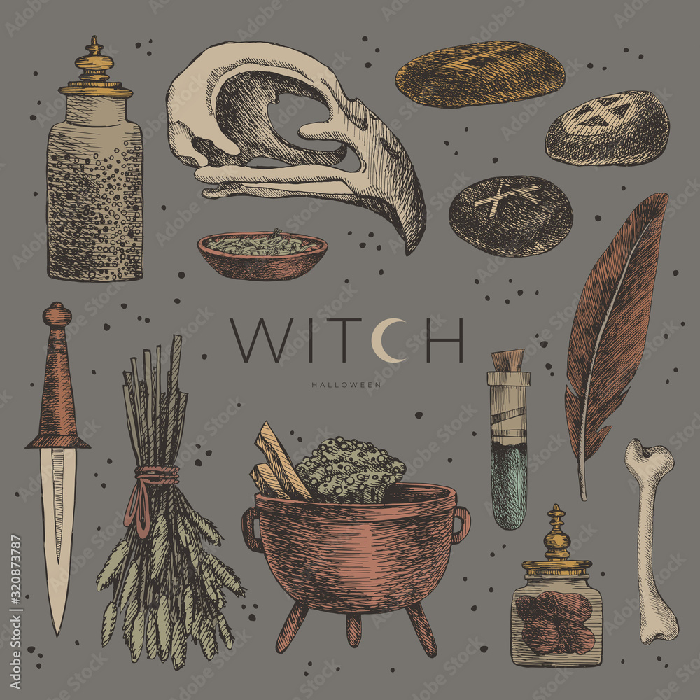 Poster set of mystical items for witchcraft vector illustration. elements of witch or wizard set: cauldron,