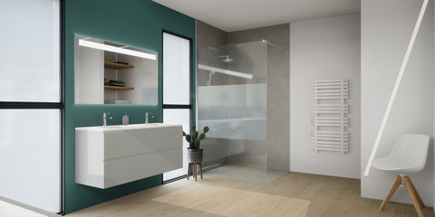 vue 3d salle de bain avec douche à l'italienne, double vasque suspendu 02