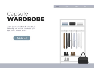 Vector illustration for slow fashion. Capsule wardrobe of sustainable fashion. Gender neutral clothing on hangers. Eco friendly brend of clothing. landing page template