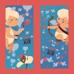 Cupid babies on vertical banners, vector illustration. Valentine day greeting card, cute little angels, symbols of love. Cupid aiming with bow and arrow, adorable boy and girl cartoon characters