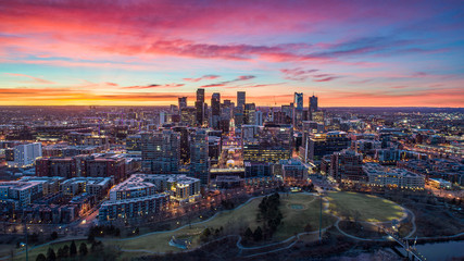 Downtown Denver, Colorado, USA Drone Skyline Aerial Panorama - obrazy, fototapety, plakaty