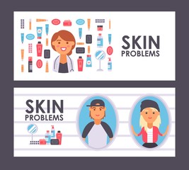 Skin care banner, vector illustration. Professional dermatology treatment products for teenagers with skin problems. Flat style icons, smiling skincare doctor cartoon character, teenage boy and girl
