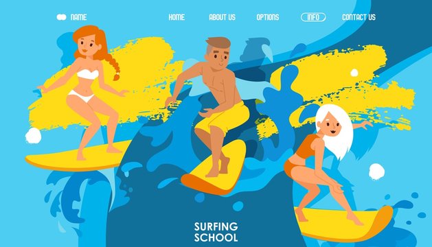 Surfing school website design, vector illustration. Landing page template in colorful cartoon style, attractive boys and girls riding waves on surfboards. Young surfer character, active summer sport