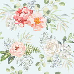 Rose rose, pivoine, fleurs d& 39 hortensia avec bouquets de feuilles vertes, fond clair. Illustration florale. Modèle sans couture de vecteur. Conception botanique. Plantes d& 39 été nature. Mariage romantique