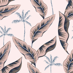 Banana leaves, palm trees silhouettes, pale pink background. Vector floral seamless pattern. Tropical illustration. Exotic plants. Summer beach design. Paradise nature