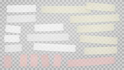 Colorful, white adhesive, sticky, masking, duct tape strips for text are on squared gray background. Vector illustration - 320875927