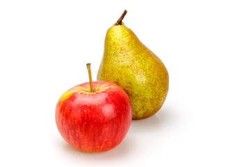 Organic ripe Apple and pear on white background