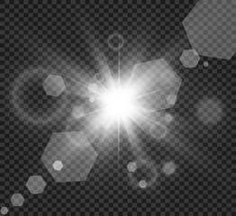 Special lens flash, light effect. The flash flashes rays and searchlight. illust.White glowing light. Beautiful star Light from the rays. The sun is backlit. Bright beautiful star. Sunlight. Glare.