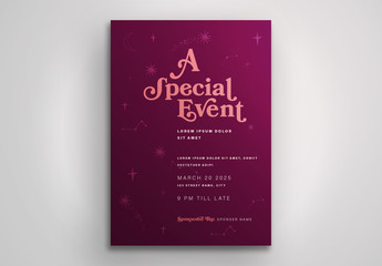 Purple Event Poster Layout with Shooting Star Pattern Element