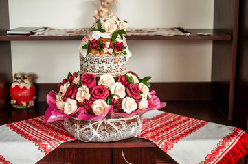 Traditional wedding Ukrainian bread Korovai with flowers