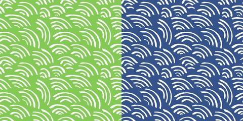 Isolated abstract scaly background with curled lines. Green and blue striped background. Two square seamless patterns for wallpaper design, website design, greeting cards, magazines, fabrics