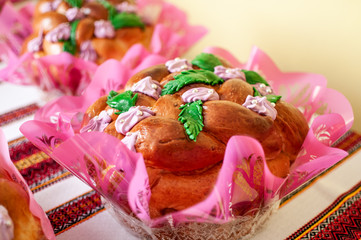 Traditional wedding Ukrainian bread Korovai with flowers