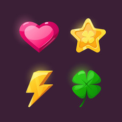 Icons for game design star, lightning, heart, clover.