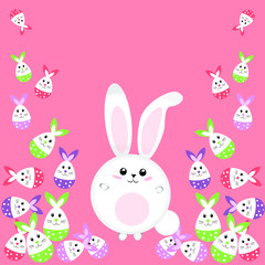Easter bunny found a lot of eggs. Happy Easter. Vector print.  Bunny greeting card, cartoon illustration.  Kids cards for  the congratulation,  banner, poster. 