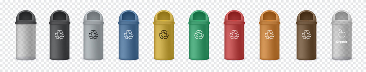 Recycle Trash Cans. Black, Blue, Yellow, Green, Red and Transparency Recycle Bins with Recycle Waste Symbol