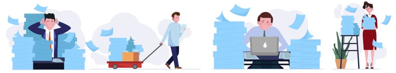 Stressed employees working with piles of papers set. Document stacks, reports, archive flat vector illustration. Paperwork, overwork, accounting concept for banner, website design or landing web page