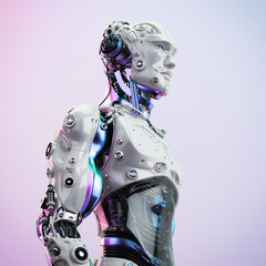 Futuristic handsome man with headphones in profile. 3d rendering of stylish robot listening to music