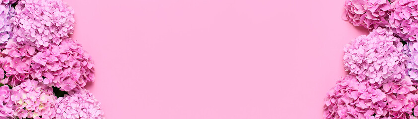 Frame of Beautiful flowers of pink hydrangea with green leaves on pink background top view flat lay copy space. Flower card. Holiday, congratulations, happy mothers day. International Women's day