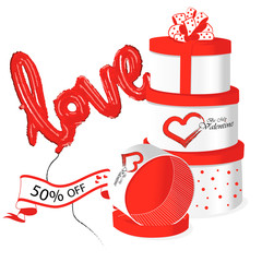 Valentines Gift; Happy Valentine's Day sale banner. Vector illustration in classic red color theme.  Gift boxes, love balloon on white background. Promo discount banner. 50% off banner.