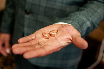 Groom holding golden wedding rings on the hand
