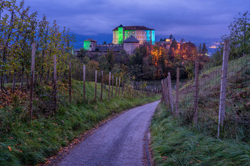 Picturesque evening view of Thun Castle, Val di Non, Province of Trento, Trentino Alto Adige, Italy.