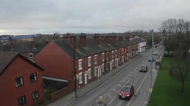 Aerial overhead views of Victoria road, Vicky road, a poor area leading to the city centre of Hanley,  over population and poor city planning, West Midlands