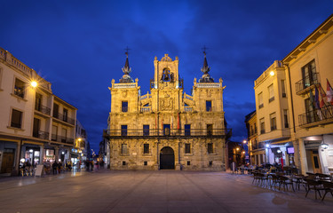 Fototapeta na wymiar Astorga, Spain. Building of Town Hall located on Plaza Espana square at dusk