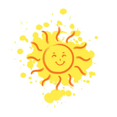 Cheerful smiling Sun with paint drops on background
