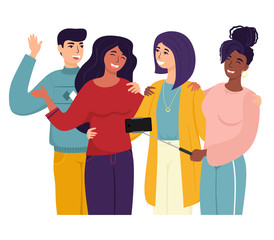 Obraz premium Friends take a selfie. Vector illustration in cartoon flat style.