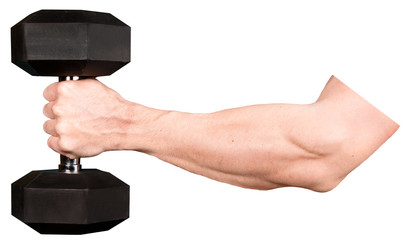 man hand holds dumbbell. isolated