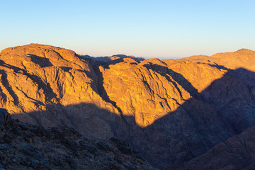 Egypt. Mount Sinai in the morning at sunrise. (Mount Horeb, Gabal Musa, Moses Mount). Pilgrimage place and famous touristic destination.