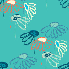 Seamless pattern with hand drawn abstract flowers on turquoise background for surface design and other design projects. Lush Lava and Aqua Menthe trendy colors