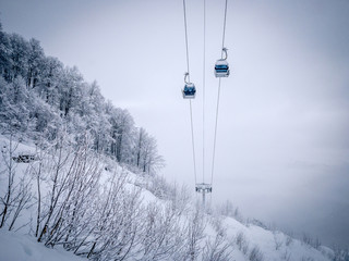 Winter Mountain landscape at the Rosa Khutor ski resort in Sochi, Russia. Cable car cabin over pine trees in the snow