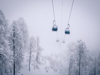 Winter Mountain landscape at the Rosa Khutor ski resort in Sochi, Russia. Cable car cabin over pine trees in the snow