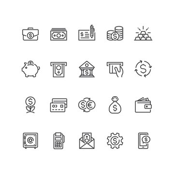 Set of money and finance icons in line style.