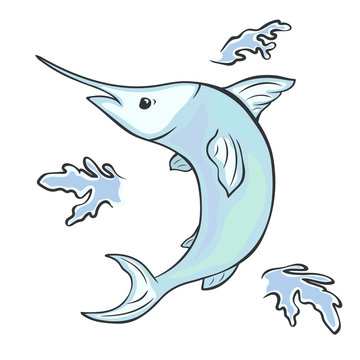 Swordfish vector image in minimal style, isolated on white background. Cartoon swordfish. Sword fish in cartoon style on a children's theme. Magic underwater world. Long nose fish. Ocean inhabitants.