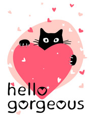 Valentine's day card with cute black cat