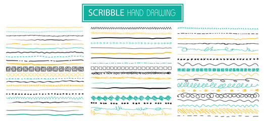  Set of hand drawn line borders, sketch strokes, scribbles and design elements isolated on white. Doodle style brushes. Monochrome vector illustration.