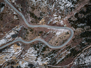 High angle view of mountain road with snow