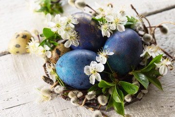 Colored Easter eggs close-up, willow branches and spring flowers on a white wooden background.