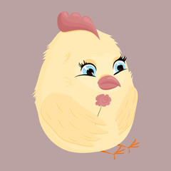Cute fluffy chicken sits with a flower in the hands. Vector. Flat cartoon style. Children's illustration. Isolated on a beige background. Suitable for easter illustrations.