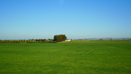 Bright landscape of Morocco, breathtaking curves of mountains, stunning combination of hills & farm land,inadvertent distribution of houses & huts, raw impression of pure nature.