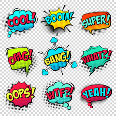 Comic colored speech bubbles with halftone shadow and text phrase. Sound expression of emotion. Hand drawn retro cartoon stickers. Pop art style. Vector illustration.